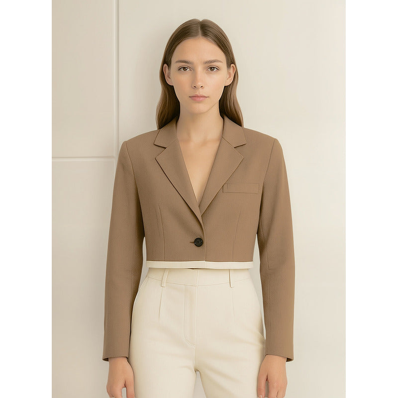 Blazer Casual Corto Para Dama Mod. Bj07377 Marca. Blashe® Marrón Claro Lisa L