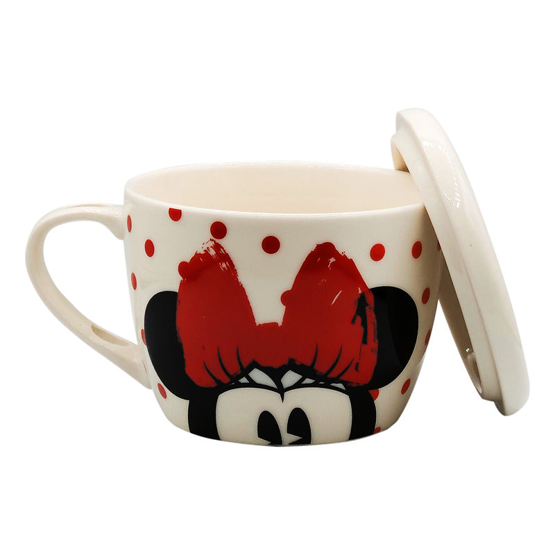 Taza Sopera Con Tapa/cuchara De Porcelana 580ml Crema Minnie 1754-66