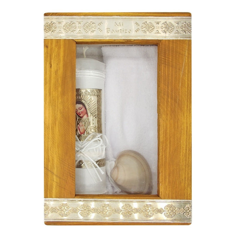Set Para Bautizo Vela+concha+toalla+caja De Madera