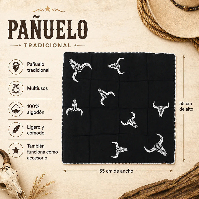 Pañuelo Multiusos Ligero Diseño Tradicional 55x55cm Negro Toros Unitalla