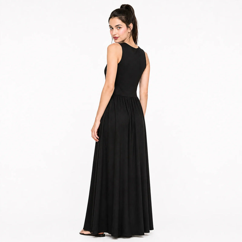 Vestido Largo Maxi Casual Para Mujer Mkmv0091 Makn & Co® Negro Lisa Ch