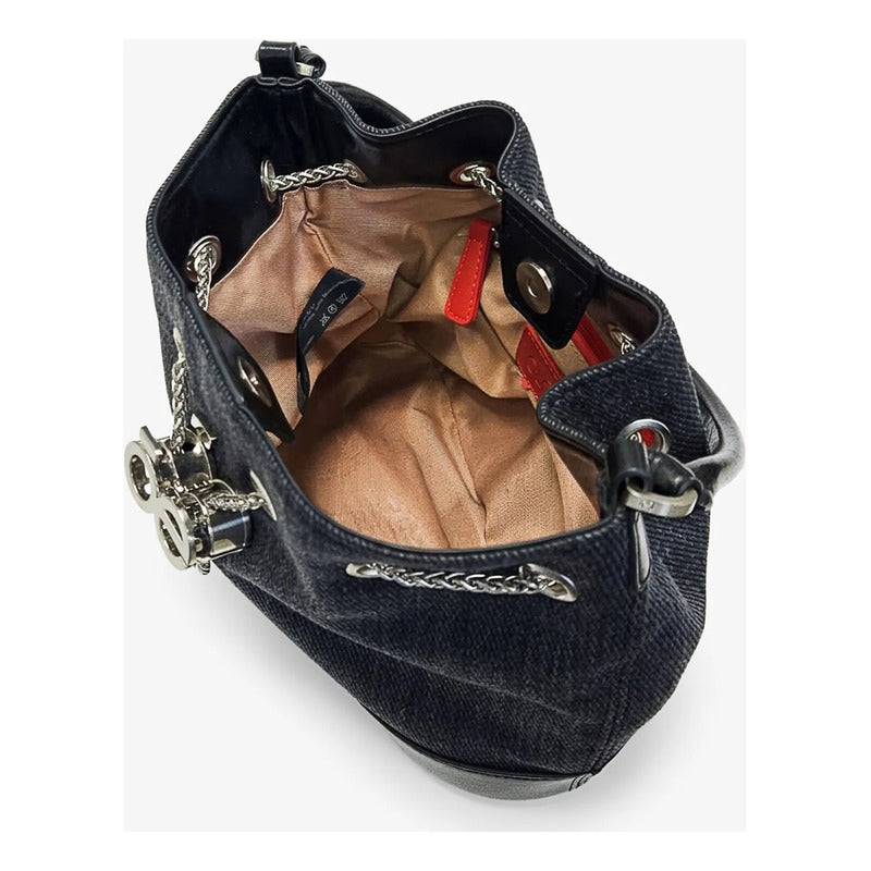 Bolso Drawstring Mediano Para Mujer Marca Cloe® Negro Lisa Níquel