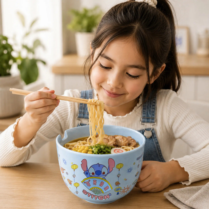 Tazón Ramen De Cerámica + Cubiertos Stitch 600ml Fun Kids® Azul Claro