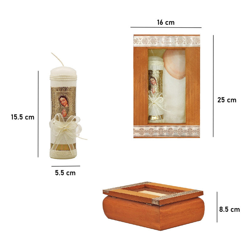 Set Para Bautizo Vela+concha+toalla+caja De Madera