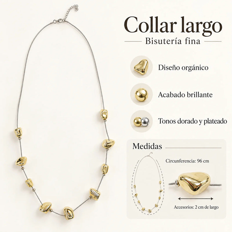 Collar Largo Para Mujer Con Dijes Abstractos Elegantes Plateado