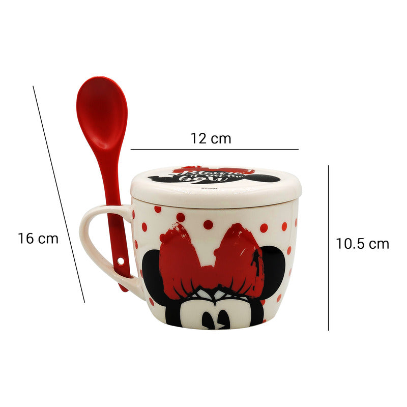 Taza Sopera Con Tapa/cuchara De Porcelana 580ml Crema Minnie 1754-66