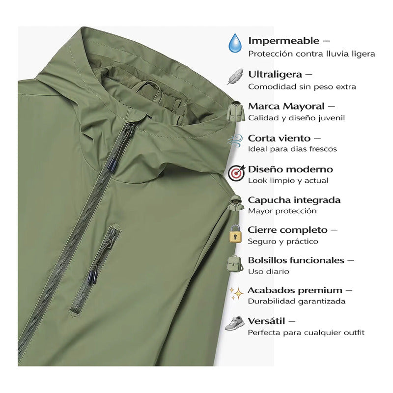 Chamarra Juvenil Impermeable Mod.6418 Marca Mayoral® Verde Olivo 16 Lisa