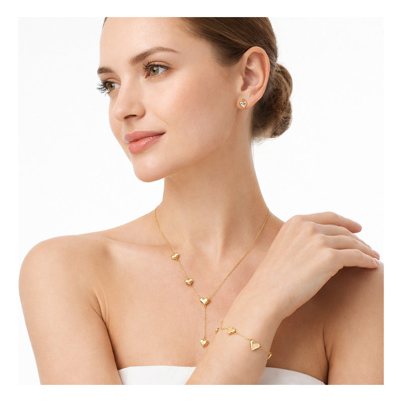 Set Joyería Elegante Para Mujer Collar Y Aretes Corazones Dorado