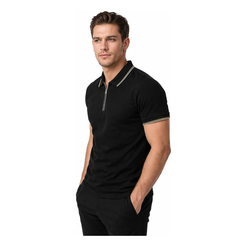 Playera Polo Casual Con Cierre Para Hombre A61415 Bobois® Negro Liso Eeg Lisa
