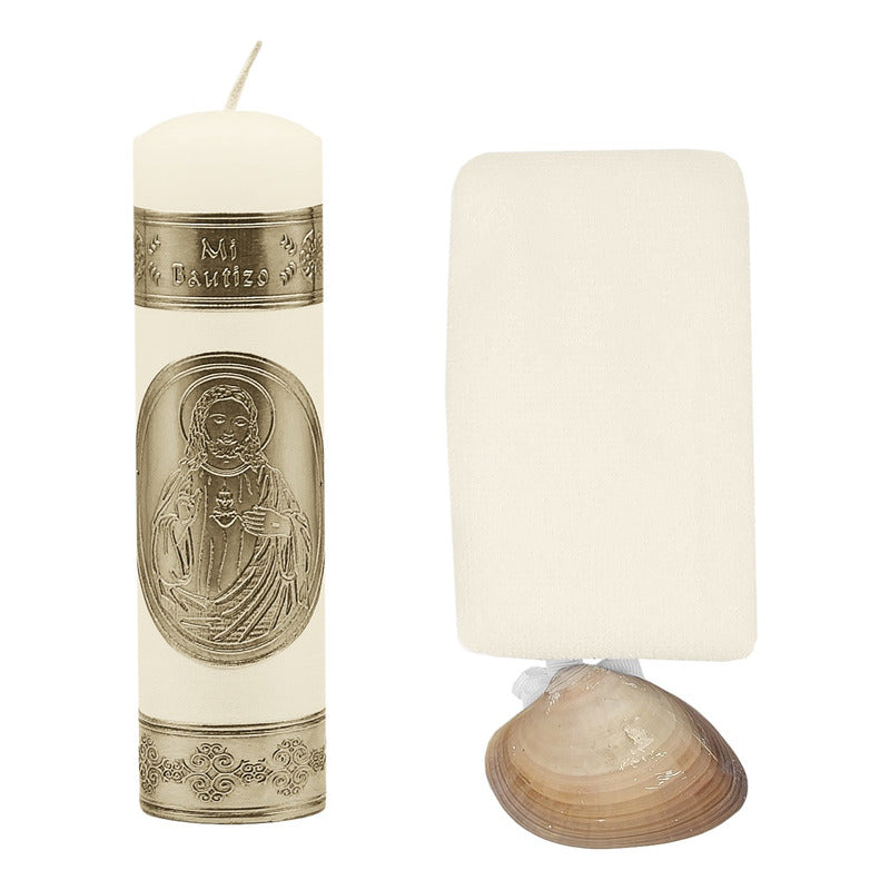 Set Para Bautizo Vela+concha+toalla+caja De Madera