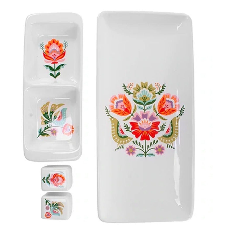 Set De Servicio Cerámica 4 Pzas Marca Crown Baccara Mod.kalo Blanco Floreado