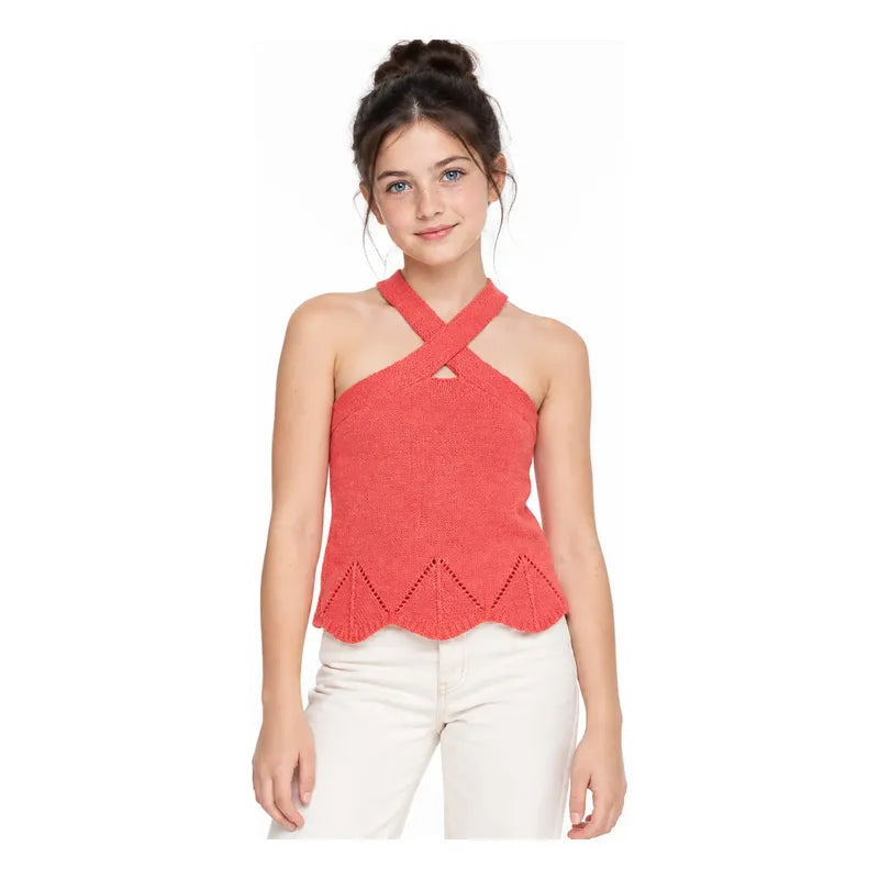 Blusa Corta Cuello Halter Para Niña Mod.6024 Marca Mayoral® Coral Liso 16 Años