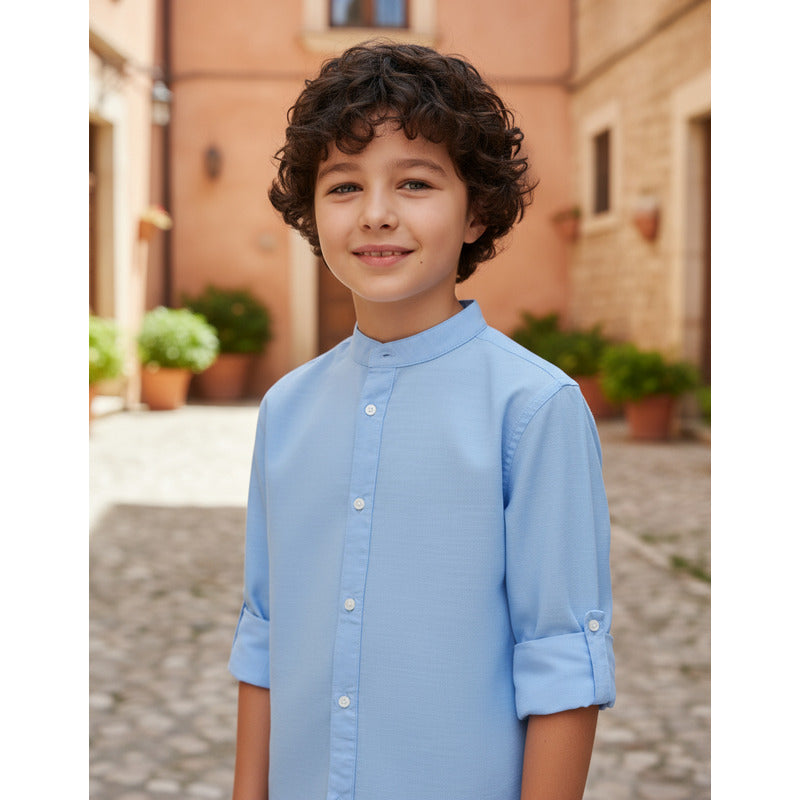 Camisa Manga Larga Para Niño Mod.6121 Marca Mayoral® Azul Claro Lisa 16 Años