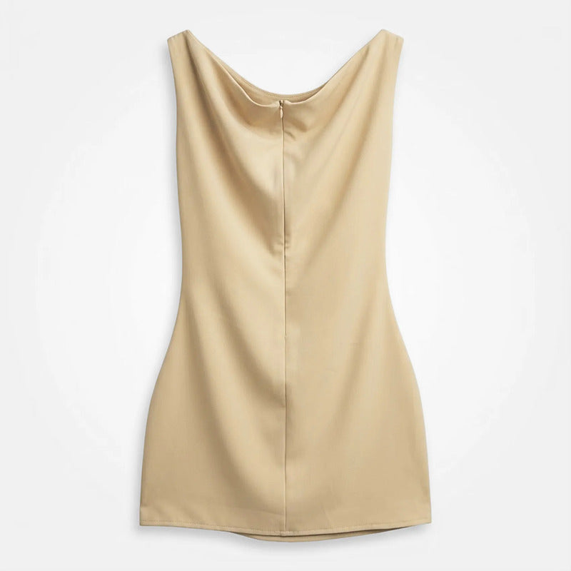 Vestido Cuello Drapeado Y Fruncido Lateral X1133 Julys® Beige Lisa Ch