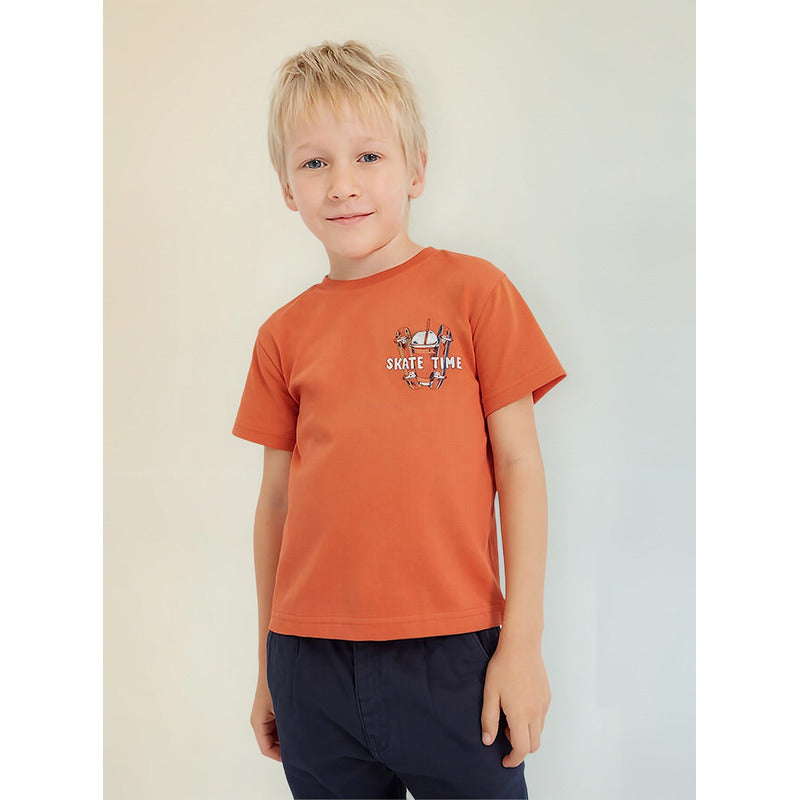 Playera Casual Comoda Para Niño Marca Mayoral® Coral Oscuro Skate Time 4 Estampa Localizada