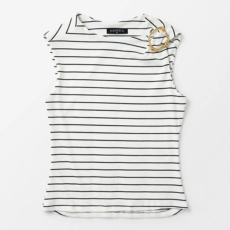 Blusa Semi Formal Con Aro Dorado Mujer 4363 Marca Exotica® Blanco Rayas Eg
