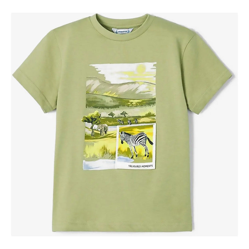 Playera Casual Comoda Para Niño Marca Mayoral® Verde Claro Safari 2 Estampa Localizada