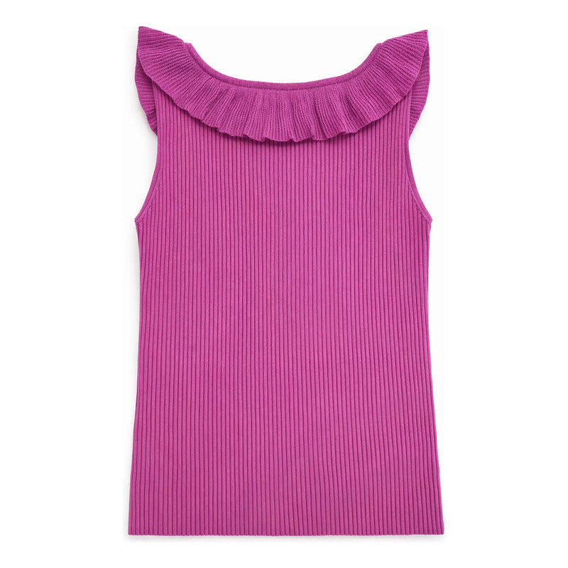 Blusa Sin Mangas Con Olan Para Dama Mod.27335 Marca Stop® Violeta Rayas Ch