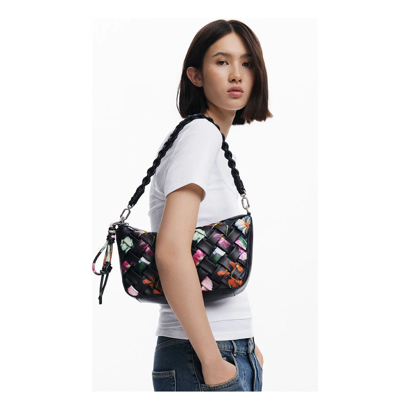 Bolso Trenzado Para Mujer 25saxpbq/2000 Marca Desigual® Negro Floreado Níquel