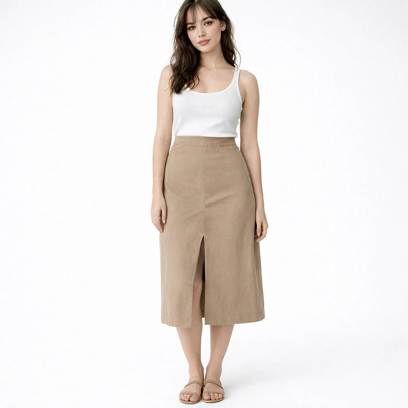 Falda Casual De Tiro Alto Con Slit Frontal Marca Stop® Beige Lisa M