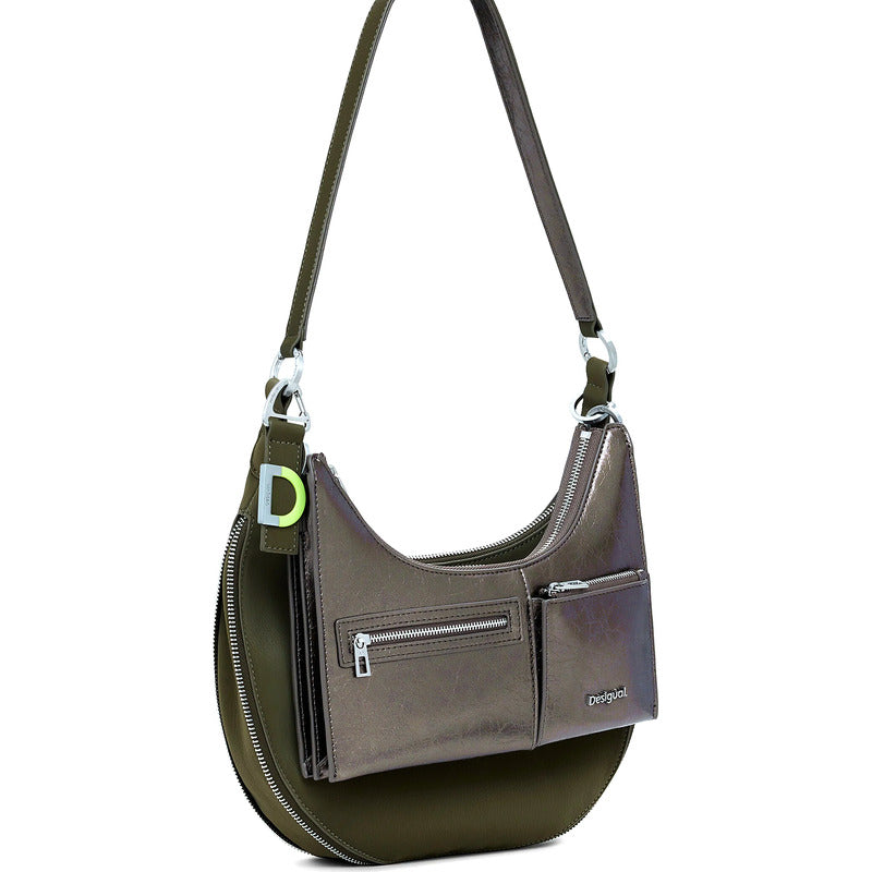 Bolso Doble Para Dama Mod. 25waxpah Marca Desigual® Verde Musgo/ Níquel Lisa Níquel Verde Musgo