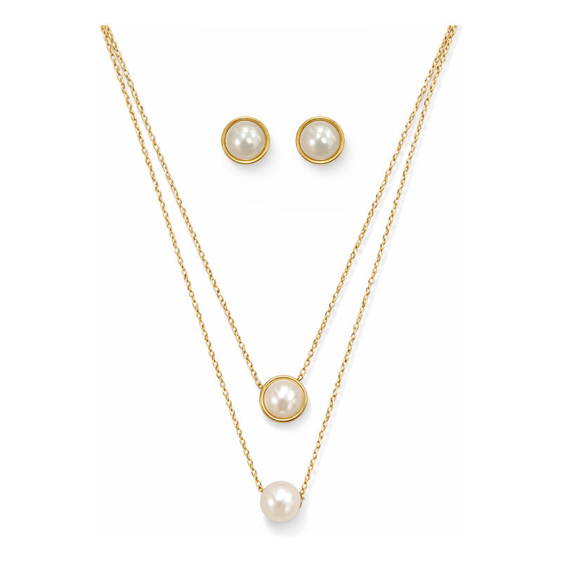 Set Joyería Elegante Para Mujer Collar Y Aretes Perlas Dorado