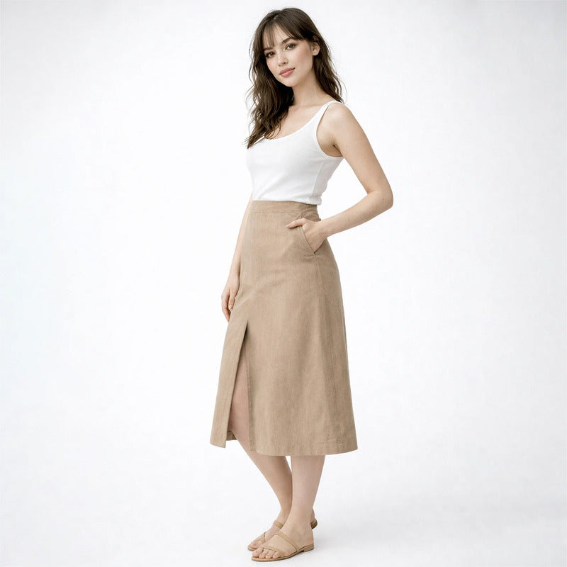 Falda Casual De Tiro Alto Con Slit Frontal Marca Stop® Beige Lisa M