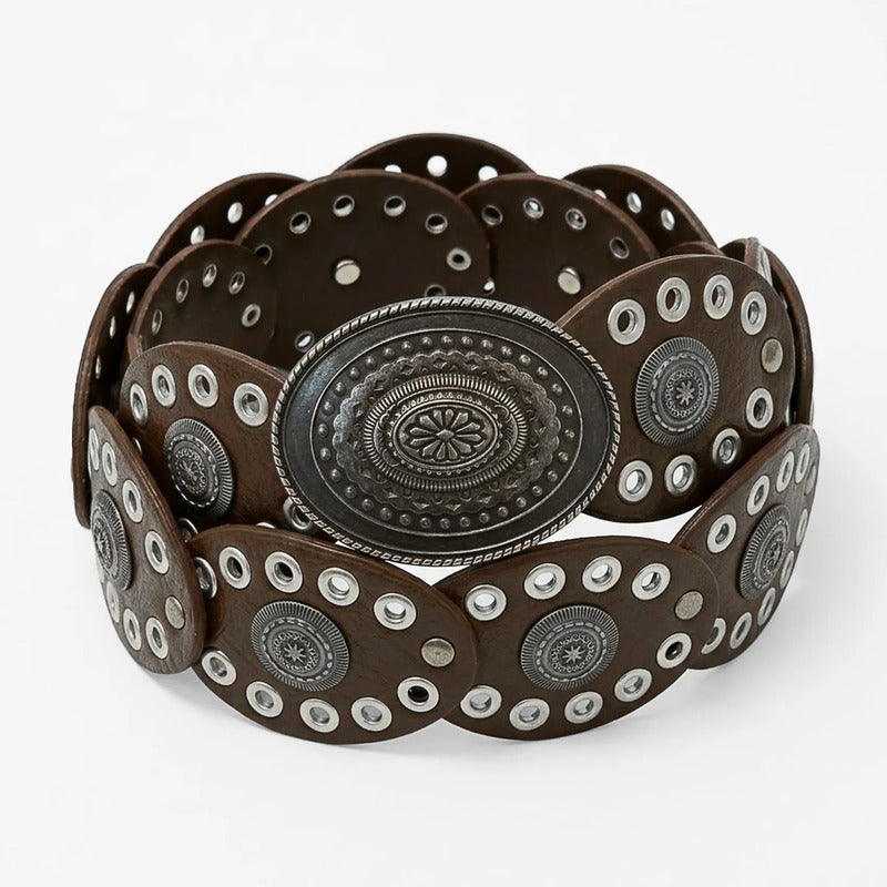 Cinturón Vaquero Boho Para Mujer Con Argollas Metálicas Marrón Oscuro Geométrico 104 Cm