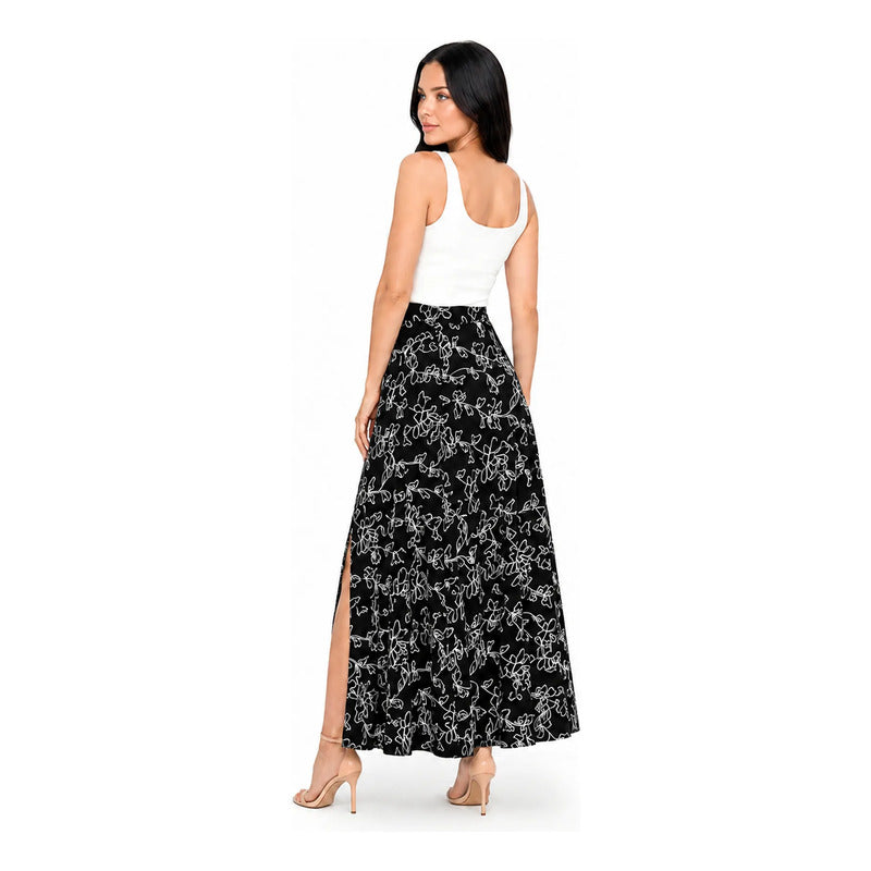 Falda Larga Con Abertura Frontal Mod.28177 Marca Stop® Negro Floreado G
