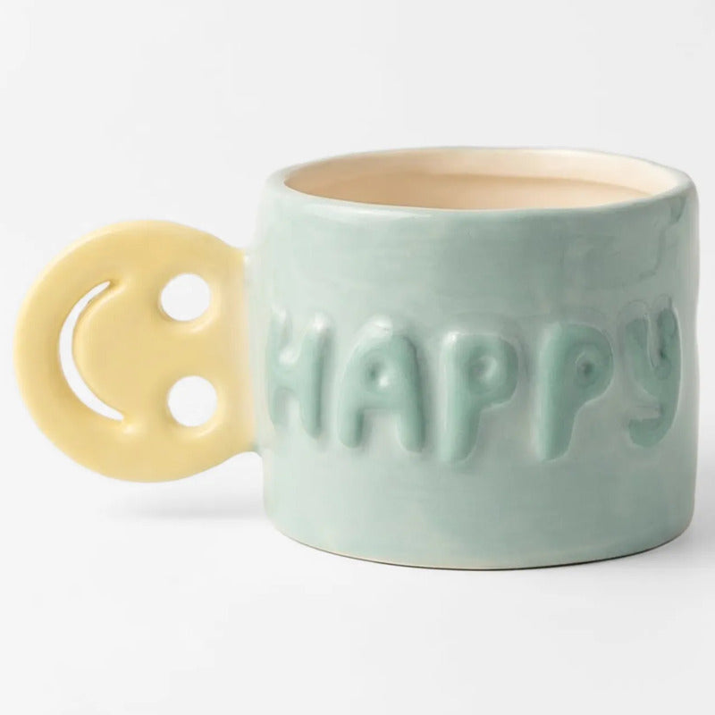 Taza Tarro De Cerámica Con Relieve Asa Con Forma Multicolor Happy 1784-46