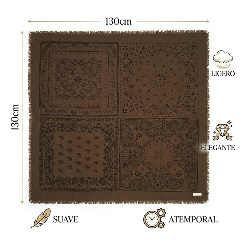 Chalina Chal Elegante Suave Para Mujer 130x130cm Marrón Geométrico Unitalla