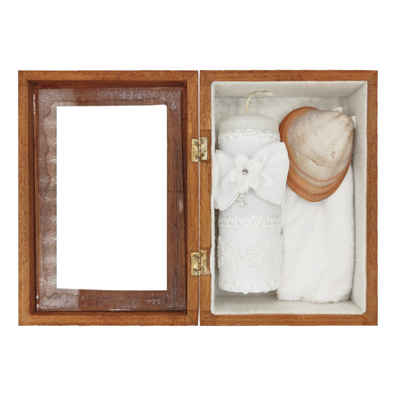 Set Para Bautizo Vela+concha+toalla+caja De Madera