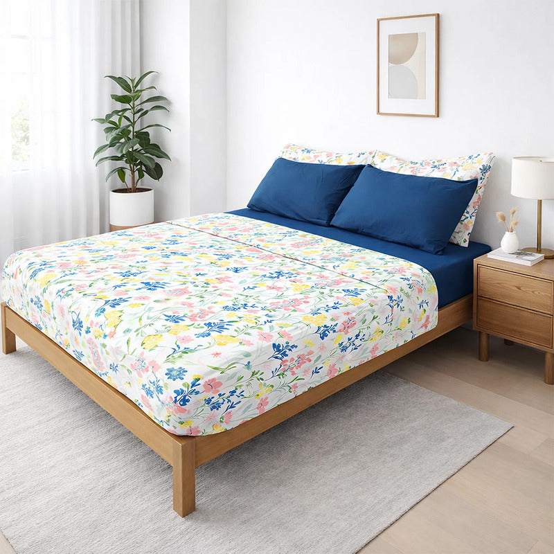 Juego De Sabanas Matrimonial 6pz Tacto Algodón Ultra Suave Multicolor Azul Flores