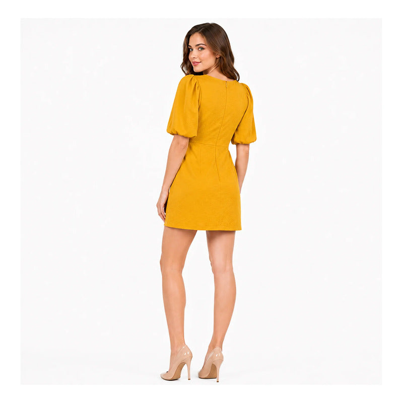 Vestido Para Mujer Mangas Cortas Abullonadas Mod.56734 Stop® Mostaza Lisa M