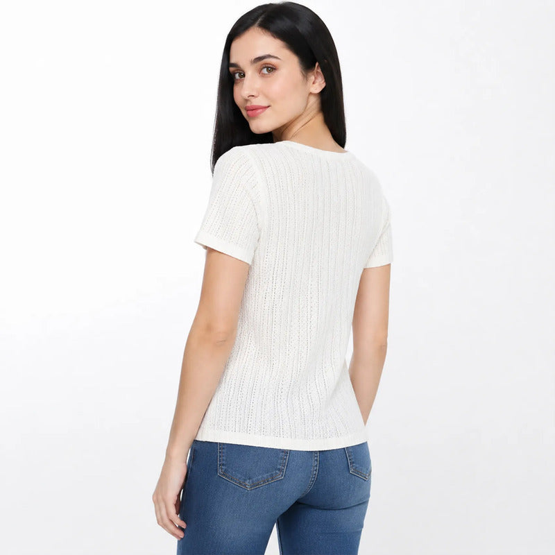 Blusa Casual Semi Calada Para Mujer Mod. K799 Marca Julys® Ivory Calado Ch