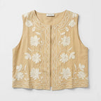 Chaleco Ligero Casual Para Mujer Mod.28094 Marca Stop® Beige Oscuro Floreado Ch