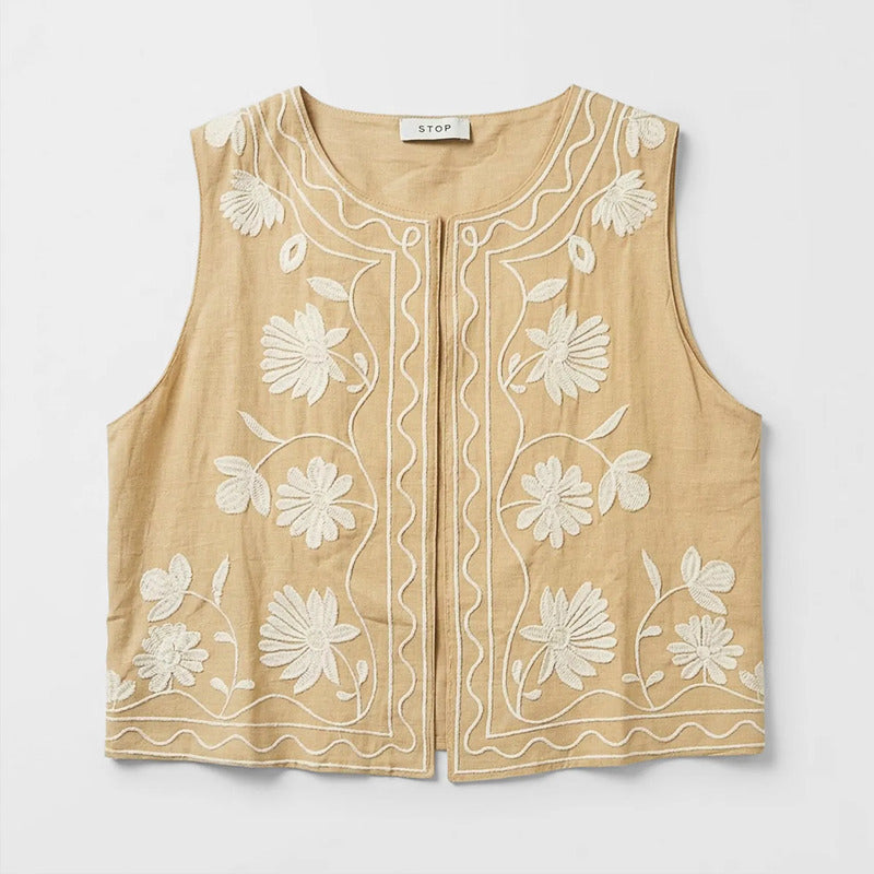 Chaleco Ligero Casual Para Mujer Mod.28094 Marca Stop® Beige Oscuro Floreado Eg