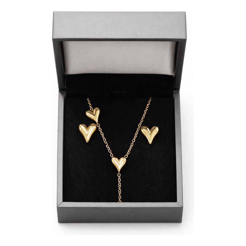 Set Joyería Elegante Para Mujer Collar Y Aretes Corazones Dorado