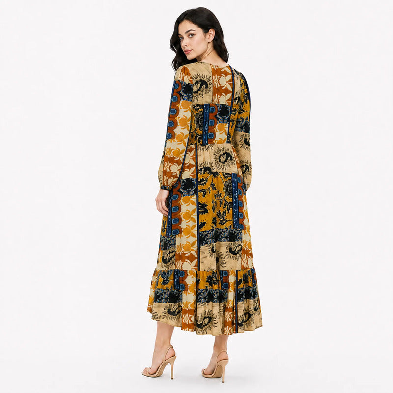 Vestido Largo Estampado Floral Bohemio S53117 Marca Bobois® Multicolor Geométrico M