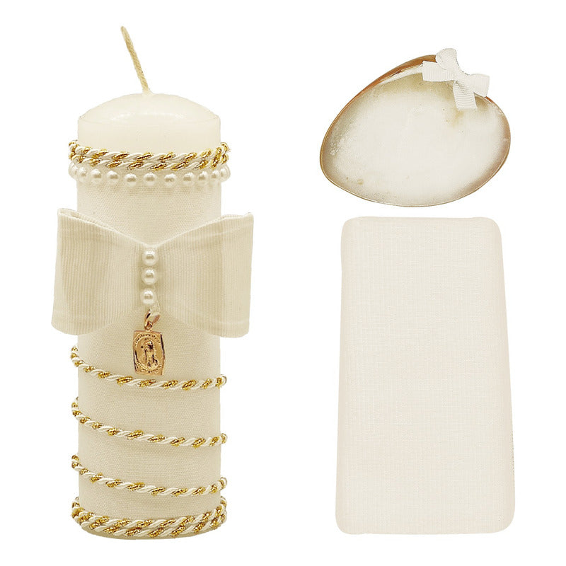 Set Para Bautizo Vela+concha+toalla+caja De Madera