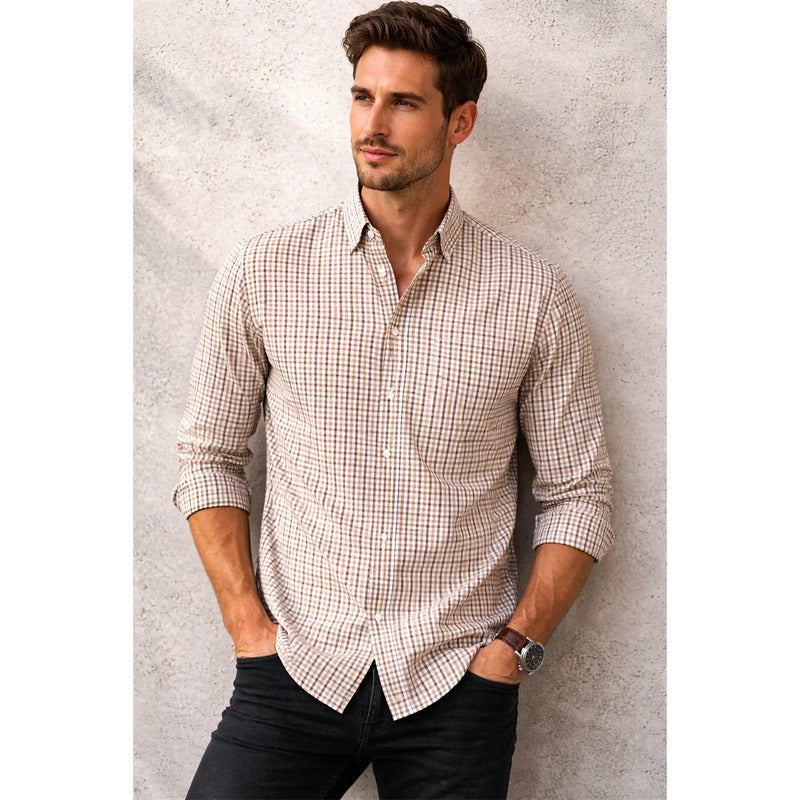 Camisa Semiformal Para Hombre Mod.b61203 Marca Bobois® Kaky Cuadros Xg