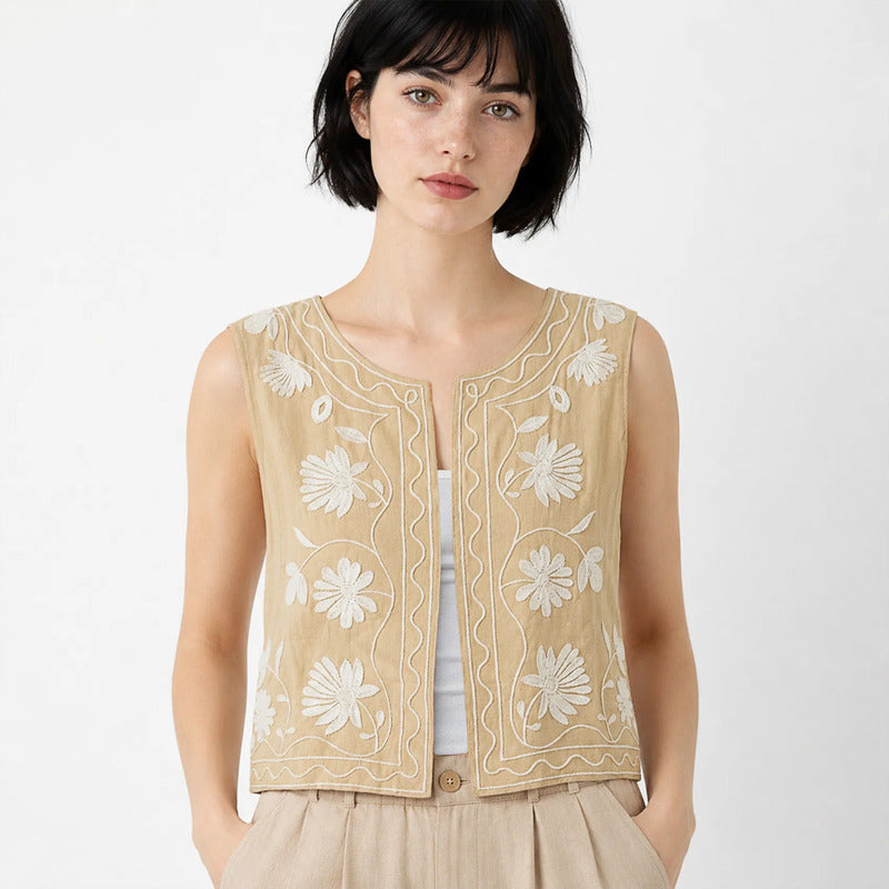 Chaleco Ligero Casual Para Mujer Mod.28094 Marca Stop® Beige Oscuro Floreado G
