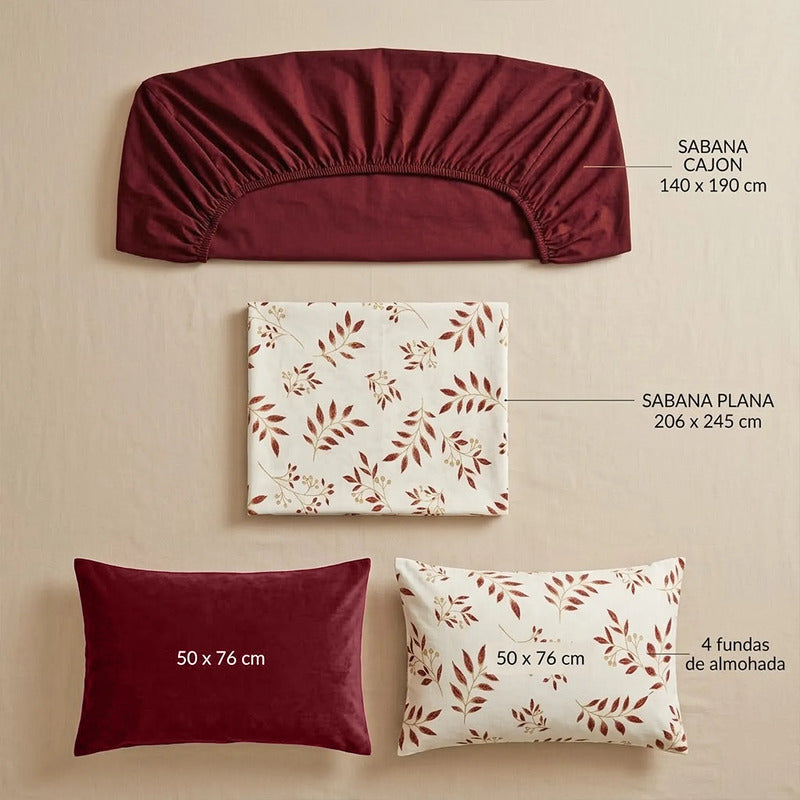 Juego De Sabanas Matrimonial 6pz Tacto Algodón Ultra Suave Multicolor Bordo Hojas