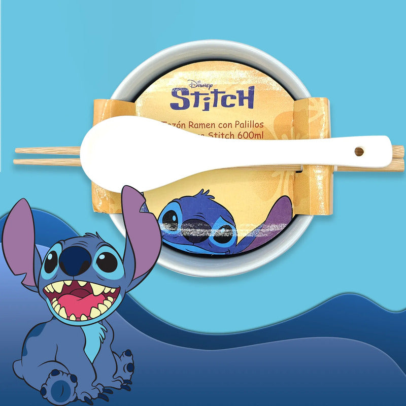 Tazón Ramen De Cerámica + Cubiertos Stitch 600ml Fun Kids® Azul Claro