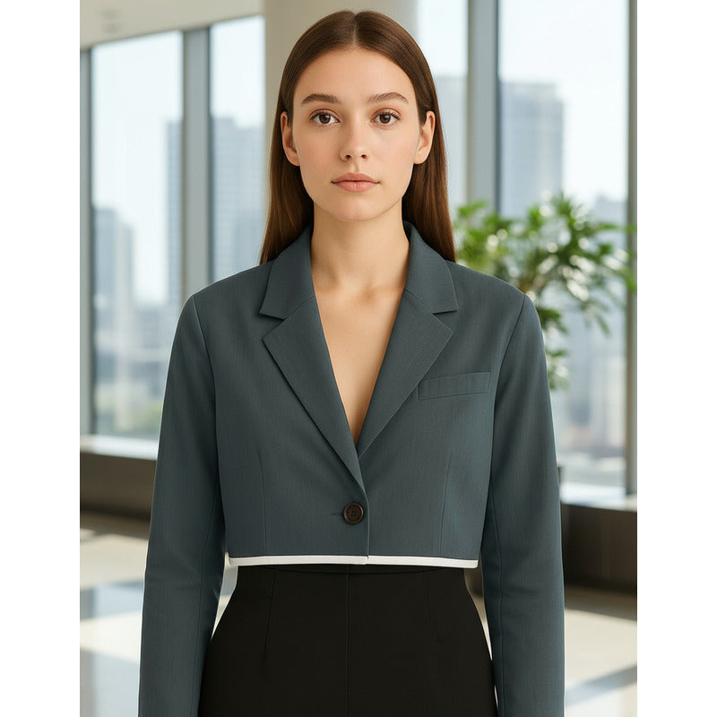 Blazer Casual Corto Para Dama Mod. Bj07377 Marca. Blashe® Gris Oscuro Lisa L