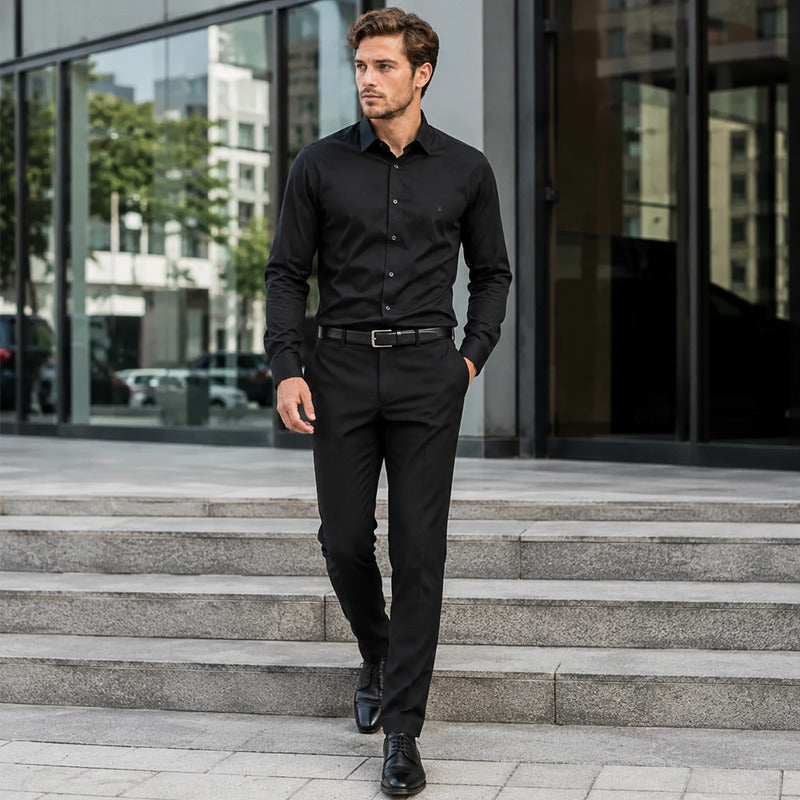 Camisa Slim Fit Para Hombre Mod.13064 Marca Manchester® Negro Lisa 16.5
