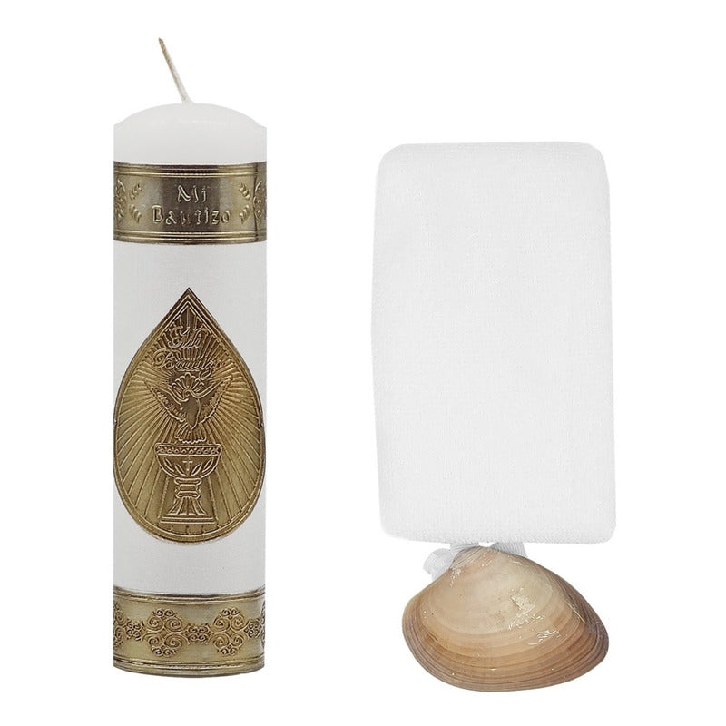 Set Para Bautizo Vela+concha+toalla+caja De Madera