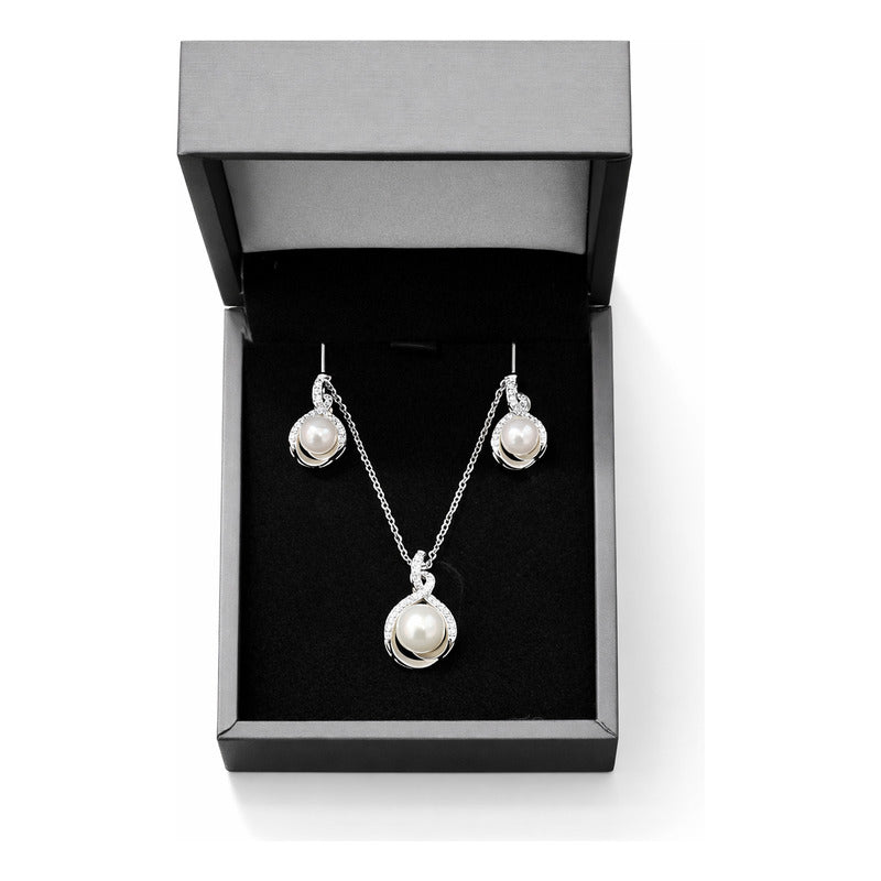 Set Joyería Elegante Collar Y Aretes Entrelazado Con Perla Plateado