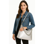 Bolsa De Hombro Para Mujer Mod.ji2486 Marca Jaime Ibiza® Plateado Arrugado