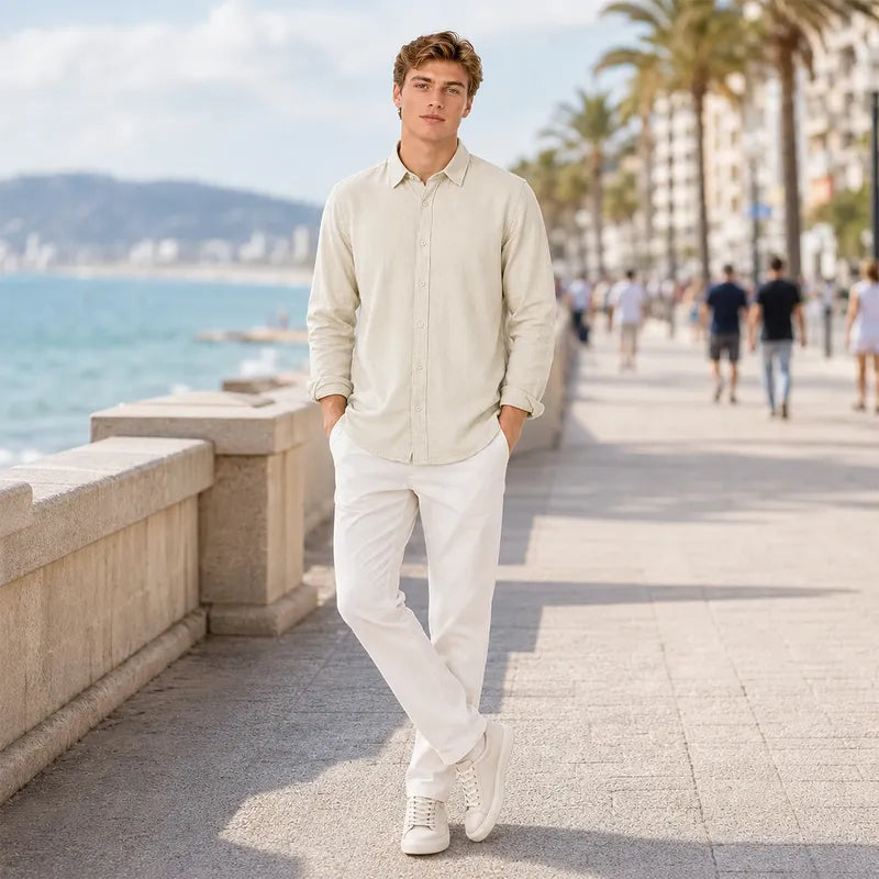 Camisa Lino Regular Fit Para Hombre Mod. Le2601 Roosevelt® Beige Lisa G